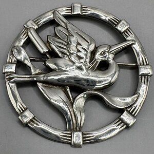 Flying Crane Bird Cattail Round Brooch Heron Stork  Signed CORO Sterling Silver